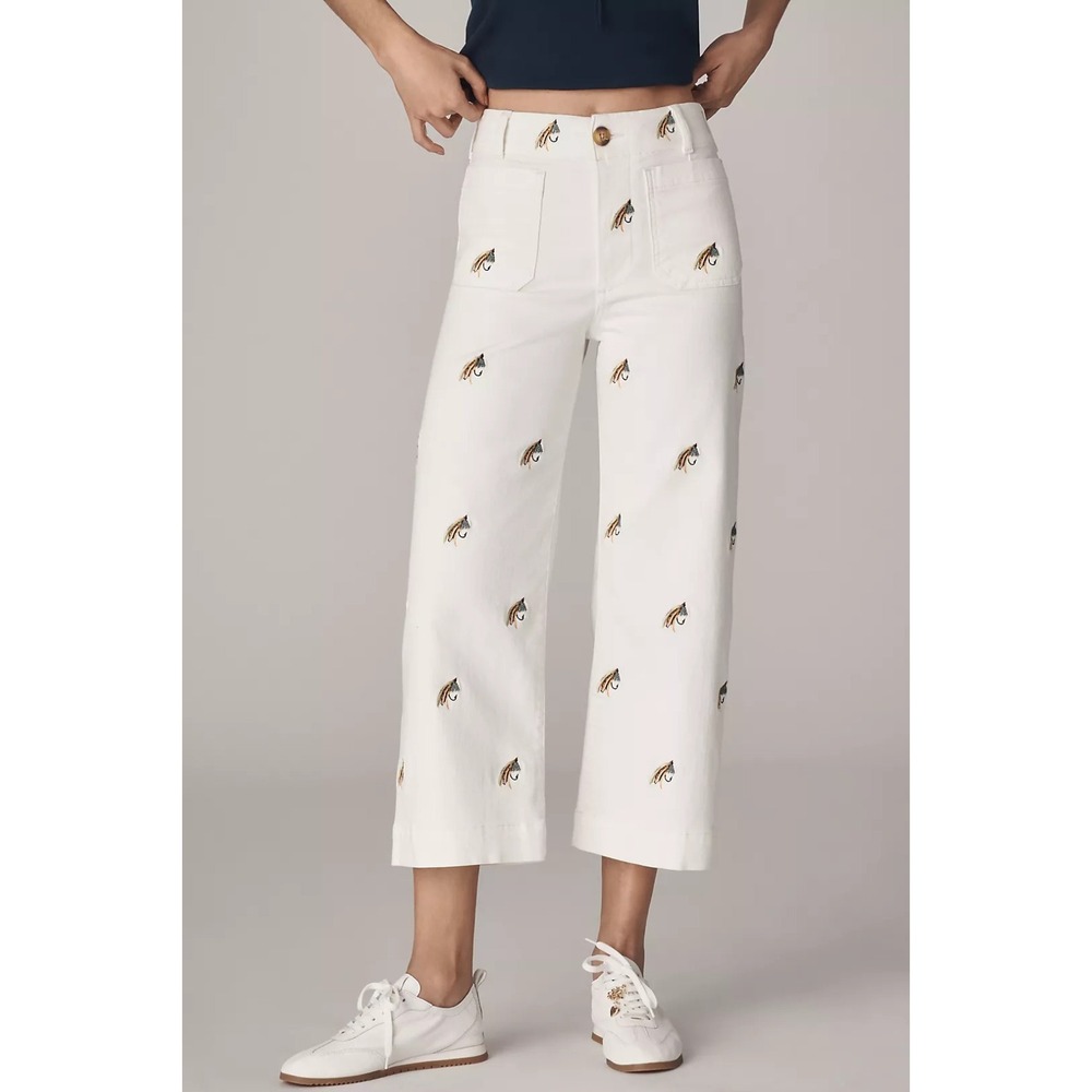 Anthropologie Maeve Colette Cropped Wide Leg Pants Embroidered Fishing 26 NWT